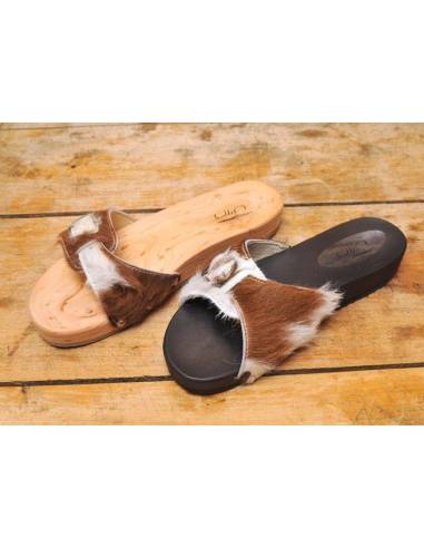 claquette femme semelle orthopédique bois et peau orange ou bicolore