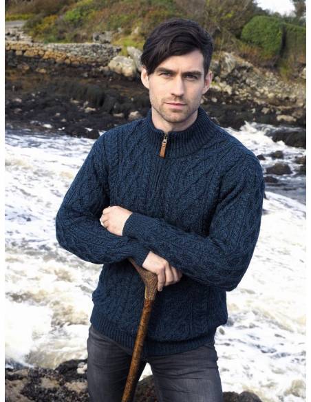 Jersey de lana Aran con media cremallera para hombre en merinowool puro